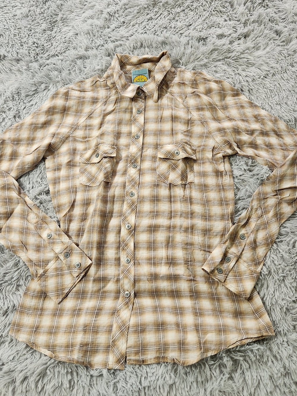 C & C California Tan and Beige Plaid Button-Down Shirt